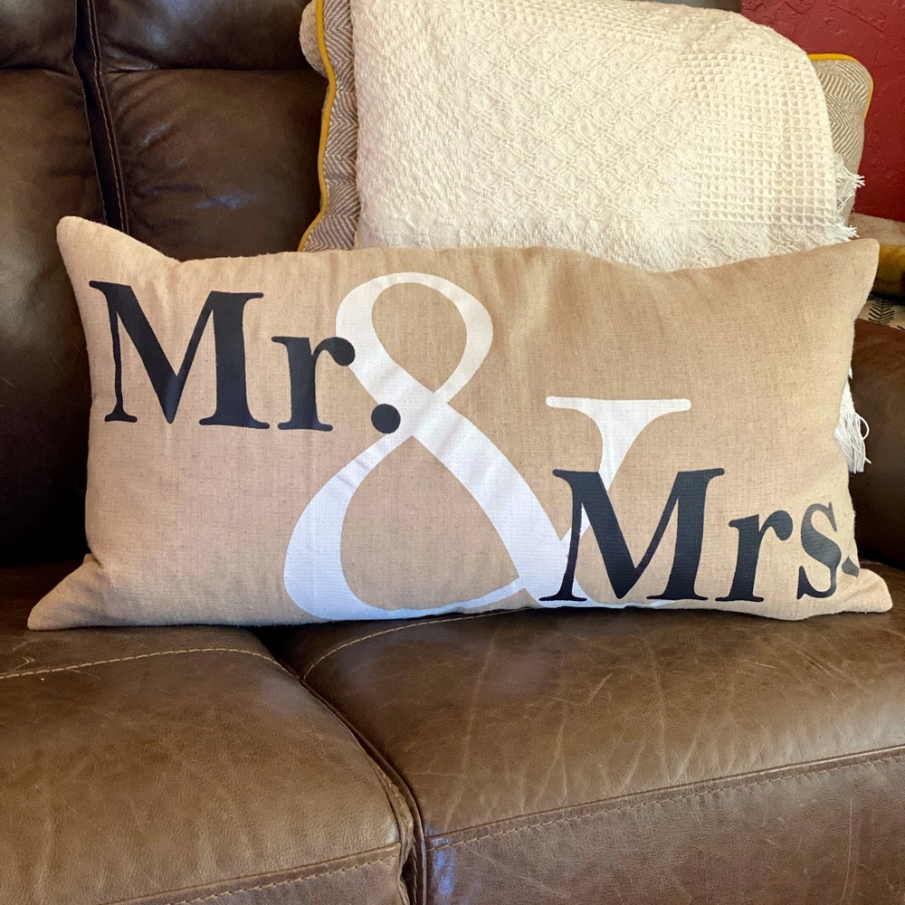 “Mr. & Mrs.” Duck Feather Throw Pillow/Lumbar Pillow 14”x24”